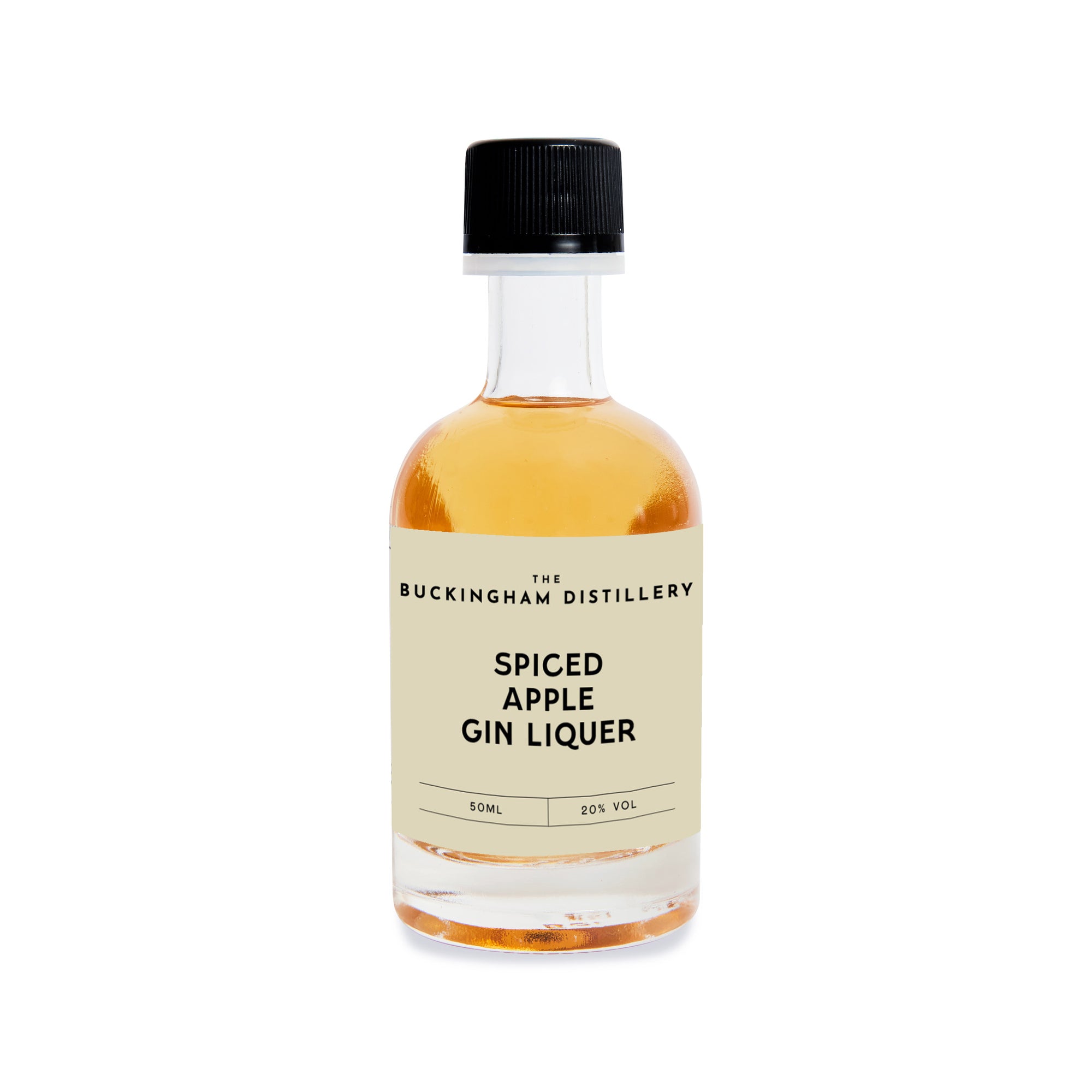 Bottle of Spiced Apple Gin Liqueur from The Buckingham Distillery on a white background