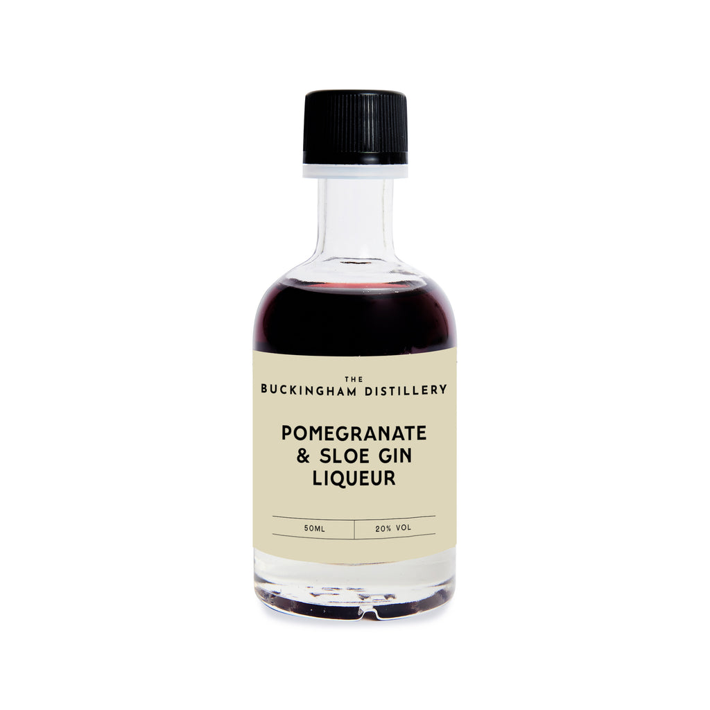 Bottle of Buckingham Distillery Pomegranate & Sloe Gin Liqueur on a white background