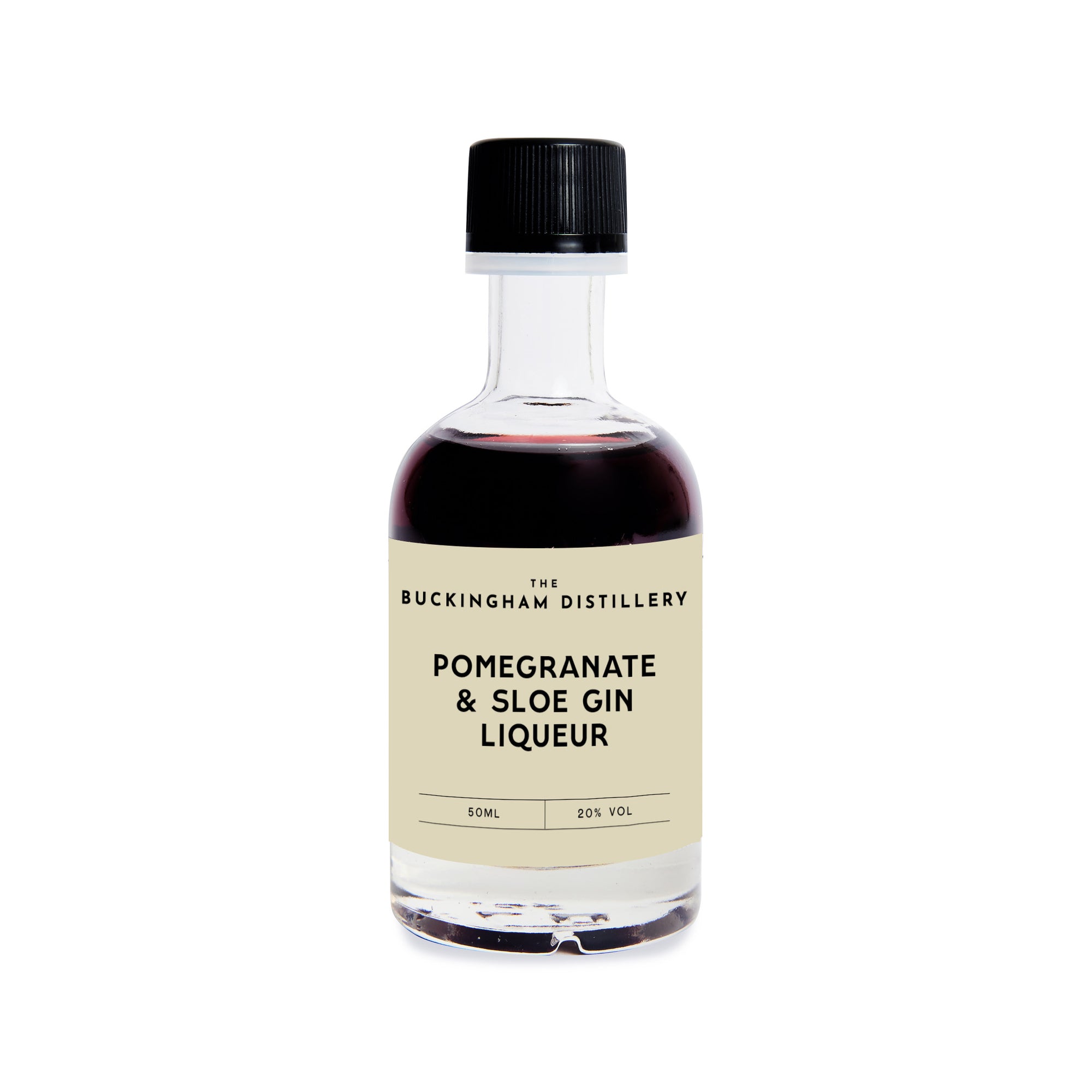 Bottle of Buckingham Distillery Pomegranate & Sloe Gin Liqueur on a white background